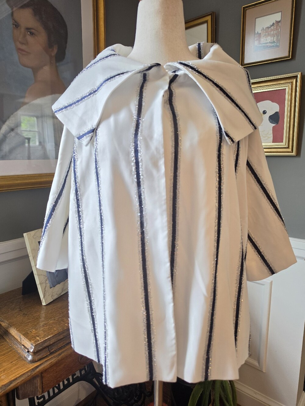 Buru Sparkle Stripe Sailor-Collar Cropped Car Coat Size Xs